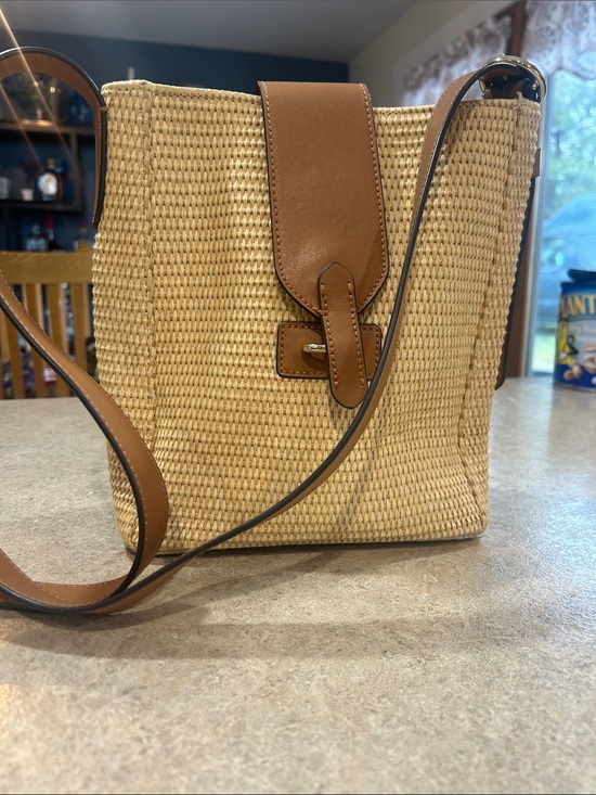 Banana Republic Handbags - Banana Republic Woven Straw Crossbody with Brown Leather Trim